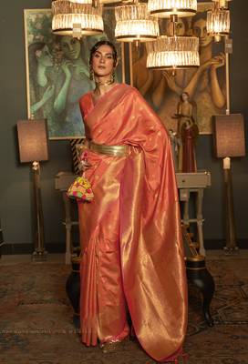 Peach Color Silk Blend Woven Handloom Saree 1