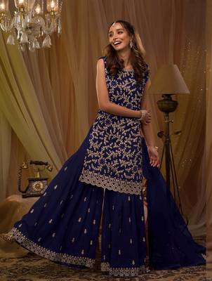 Dark blue georgette embroidery semi stitch suits 1