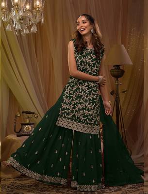Dark Green Georgette Threadwork Embroidered party wear Salwar Suit 1