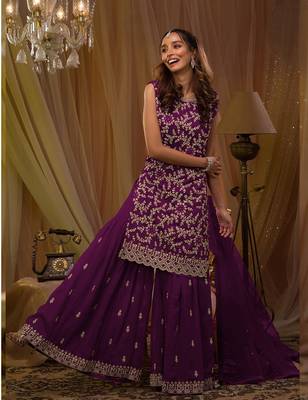 Dark purple blue georgette embroidery semi stitch suits 1