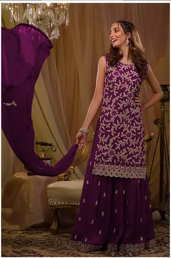 Dark purple blue georgette embroidery semi stitch suits