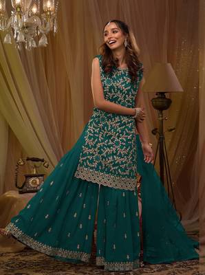 Peacock blue georgette embroidery semi stitch suits 1