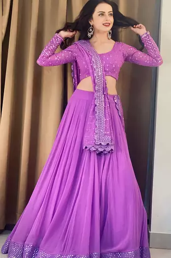 Lavender Sequence With Thread Embroidery Work Faux Georgette Lehenga Choli For Wedding