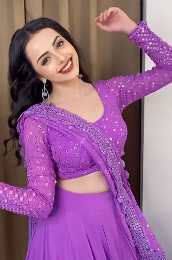 Lavender Sequence With Thread Embroidery Work Faux Georgette Lehenga Choli For Wedding