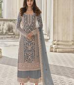 Greyish blue embroidery net semi stitch suits