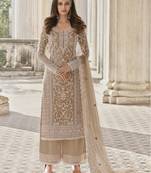 Beige embroidery net semi stitch suits