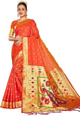  ethnic motif woven design zari work silk blend paithani saree(pthani 02 gajari) 1