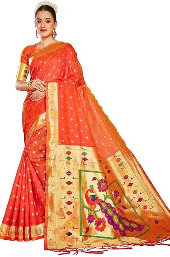  ethnic motif woven design zari work silk blend paithani saree(pthani 02 gajari)