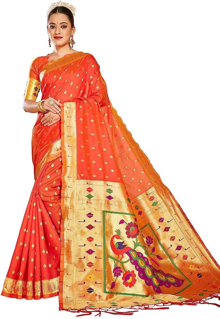 ethnic motif woven design zari work silk blend paithani saree(pthani 02 gajari)