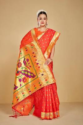  ethnic motif woven design zari work silk blend paithani saree(pthani 02 gajari) 2