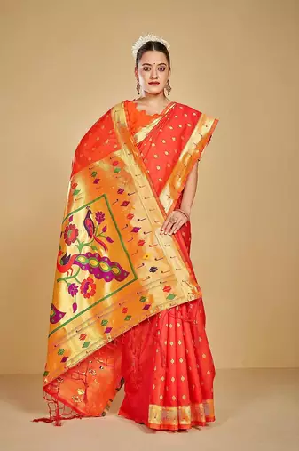  ethnic motif woven design zari work silk blend paithani saree(pthani 02 gajari)