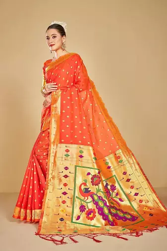  ethnic motif woven design zari work silk blend paithani saree(pthani 02 gajari)