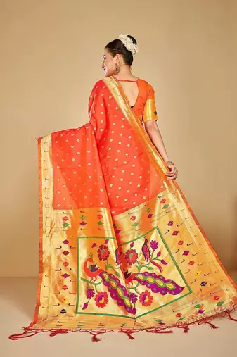  ethnic motif woven design zari work silk blend paithani saree(pthani 02 gajari)