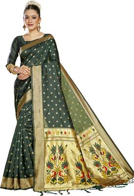  ethnic motif woven design zari work silk blend paithani saree(pthani 01 bgreen) 1