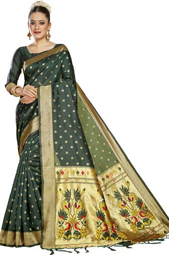  ethnic motif woven design zari work silk blend paithani saree(pthani 01 bgreen)