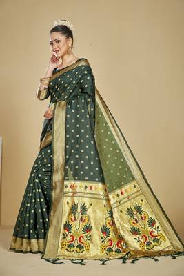  ethnic motif woven design zari work silk blend paithani saree(pthani 01 bgreen) 2