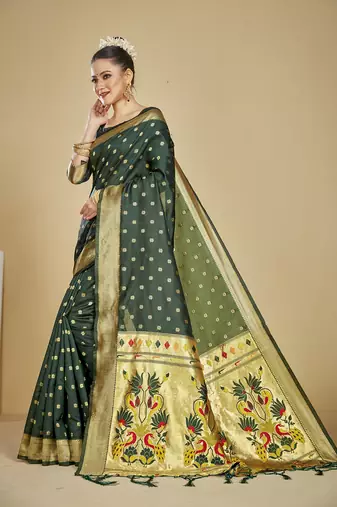  ethnic motif woven design zari work silk blend paithani saree(pthani 01 bgreen)