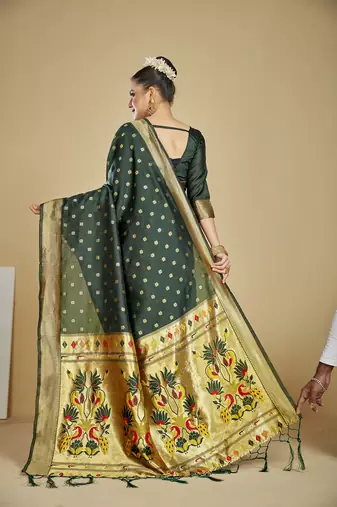  ethnic motif woven design zari work silk blend paithani saree(pthani 01 bgreen)