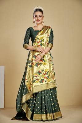  ethnic motif woven design zari work silk blend paithani saree(pthani 01 bgreen) 4