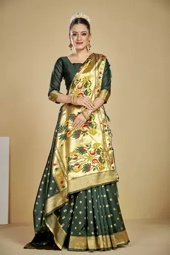  ethnic motif woven design zari work silk blend paithani saree(pthani 01 bgreen)