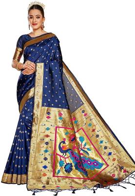  ethnic motif woven design zari work silk blend paithani saree(pthani 02 nblue) 1