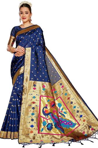  ethnic motif woven design zari work silk blend paithani saree(pthani 02 nblue)
