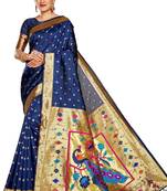  ethnic motif woven design zari work silk blend paithani saree(pthani 02 nblue)