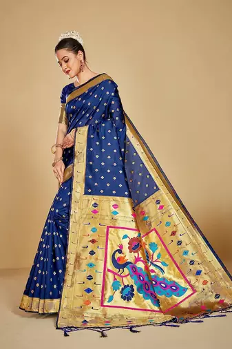  ethnic motif woven design zari work silk blend paithani saree(pthani 02 nblue)