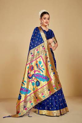  ethnic motif woven design zari work silk blend paithani saree(pthani 02 nblue) 3