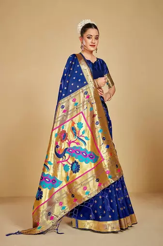  ethnic motif woven design zari work silk blend paithani saree(pthani 02 nblue)