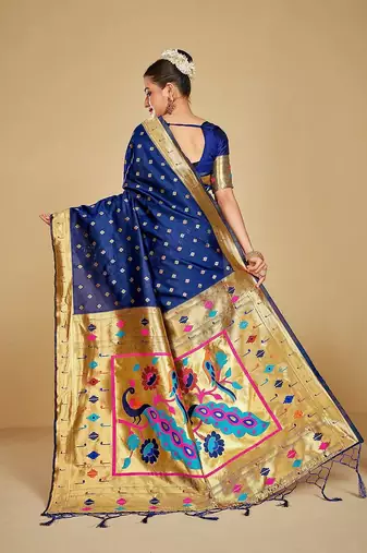  ethnic motif woven design zari work silk blend paithani saree(pthani 02 nblue)