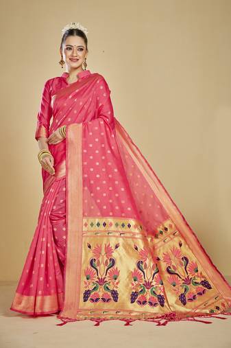  ethnic motif woven design zari work silk blend paithani saree(pthani 01 gajari)