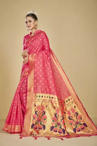  ethnic motif woven design zari work silk blend paithani saree(pthani 01 gajari)