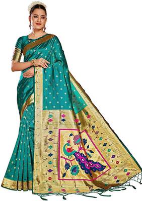  ethnic motif woven design zari work silk blend paithani saree(pthani 02 rama) 1