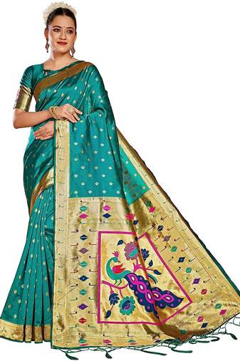  ethnic motif woven design zari work silk blend paithani saree(pthani 02 rama)