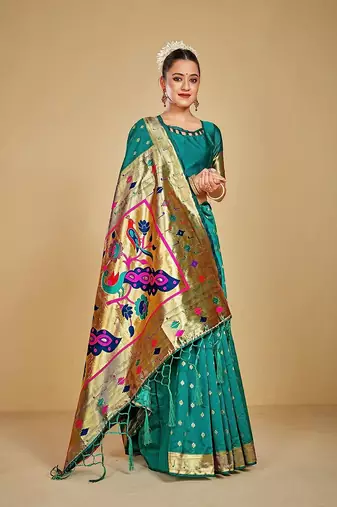  ethnic motif woven design zari work silk blend paithani saree(pthani 02 rama)