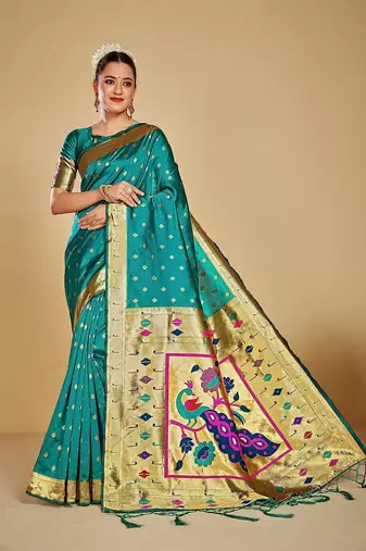  ethnic motif woven design zari work silk blend paithani saree(pthani 02 rama)
