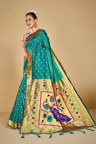  ethnic motif woven design zari work silk blend paithani saree(pthani 02 rama)