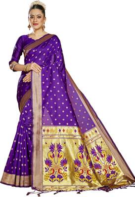  ethnic motif woven design zari work silk blend paithani saree(pthani 01 purpal) 1