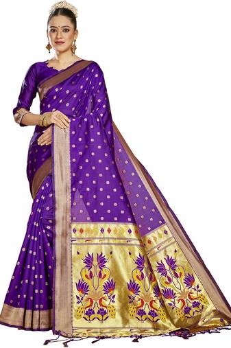  ethnic motif woven design zari work silk blend paithani saree(pthani 01 purpal)
