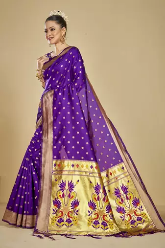  ethnic motif woven design zari work silk blend paithani saree(pthani 01 purpal)