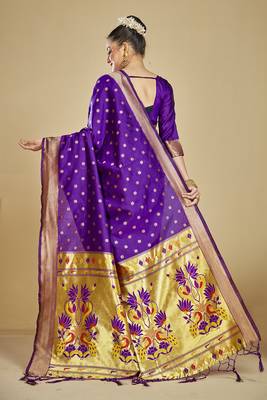  ethnic motif woven design zari work silk blend paithani saree(pthani 01 purpal) 3