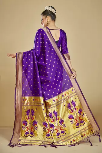  ethnic motif woven design zari work silk blend paithani saree(pthani 01 purpal)