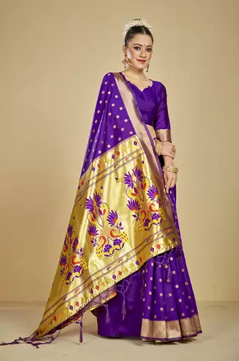  ethnic motif woven design zari work silk blend paithani saree(pthani 01 purpal)