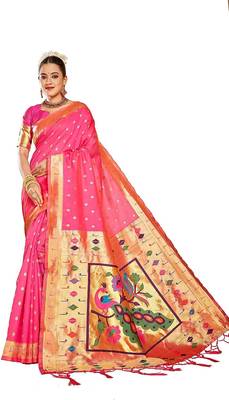  ethnic motif woven design zari work silk blend paithani saree(pthani 02 rani) 1