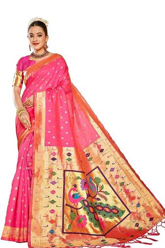  ethnic motif woven design zari work silk blend paithani saree(pthani 02 rani)