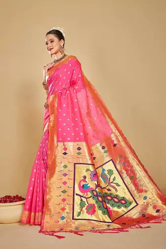  ethnic motif woven design zari work silk blend paithani saree(pthani 02 rani)