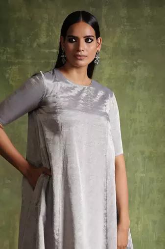 Silver pure chanderi silk tissue kalidar dress