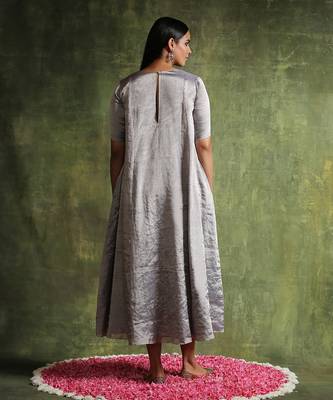 Silver pure chanderi silk tissue kalidar dress 4