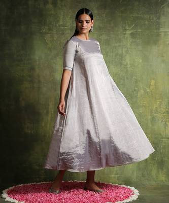 Silver pure chanderi silk tissue kalidar dress 5